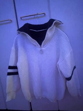 Women Half-Zip Knit Sweater with Navy Trim